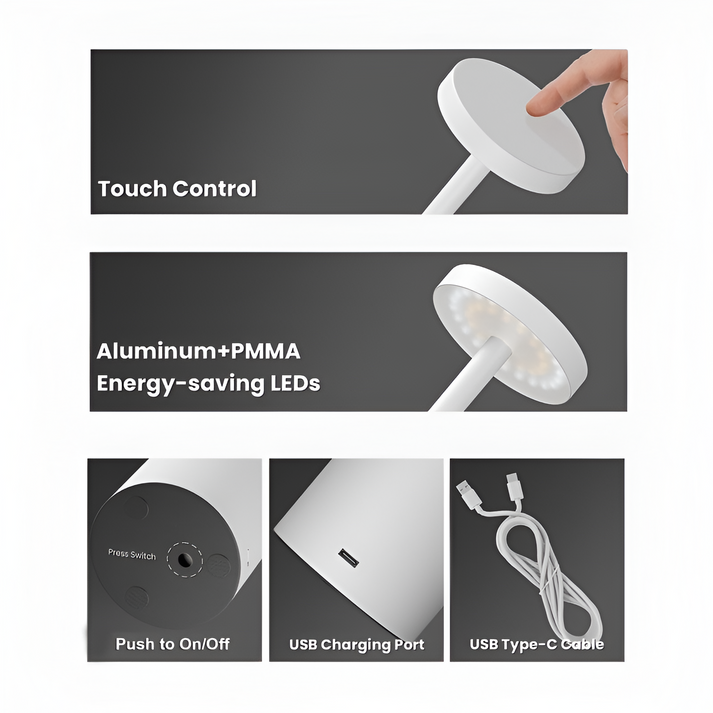 Aura Touch LED Table Lamp – Minimal Rechargeable, Dimmable & Cordless LED Light